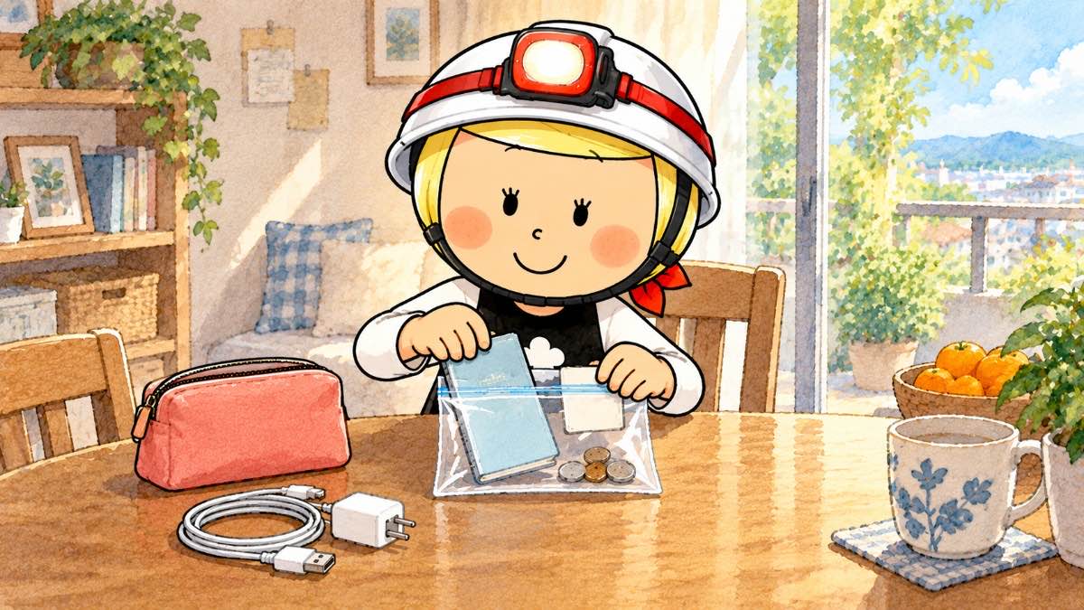 家の食卓で、ジッパー袋にお薬手帳と保険証と小銭を入れている安心こちゃん