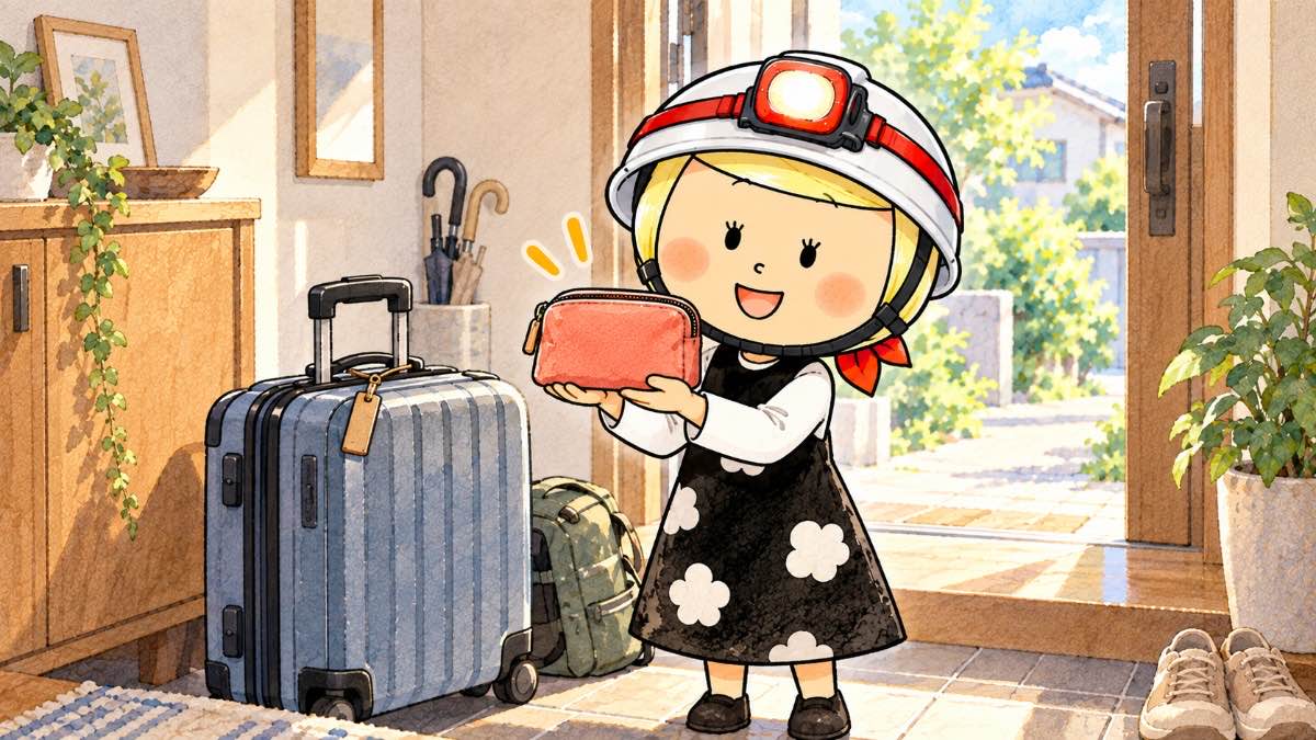 旅行かばんの横で、手のひらに乗る小さな防災ポーチを持つ安心こちゃん