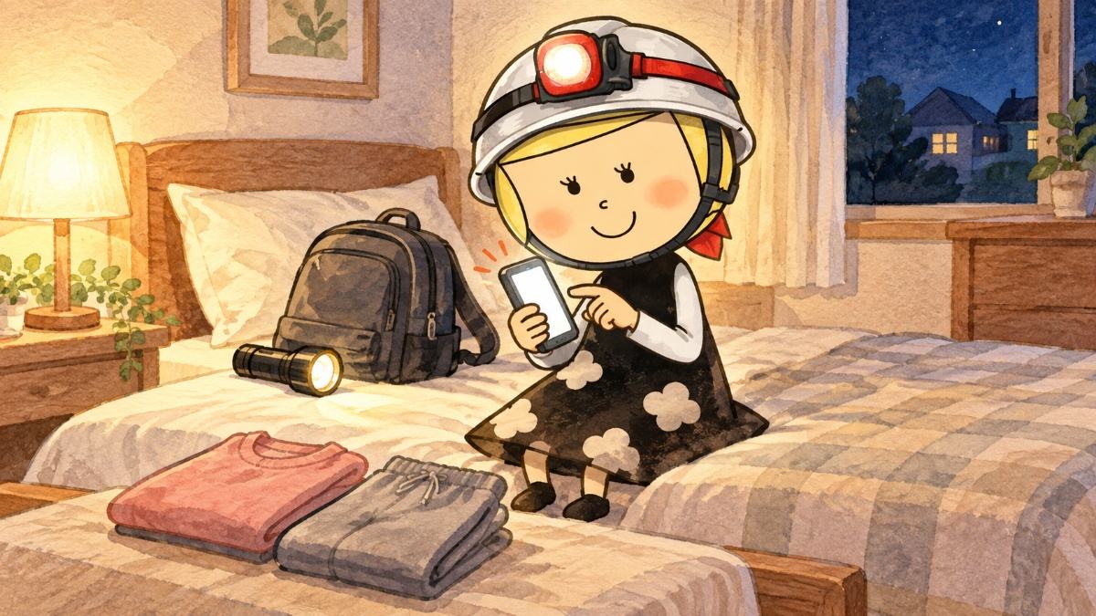 夜の寝室で、枕元に非常持出袋を置き、すぐ着られる服をたたんで、スマホの音量を上げている安心こちゃん