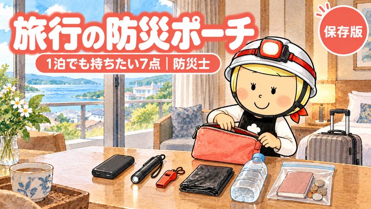 旅先の部屋の机に、旅行の防災ポーチの中身7点を並べる安心こちゃん