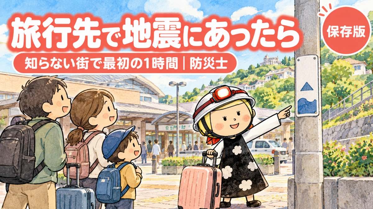 旅先の駅前で海抜の表示板を指さす安心こちゃんと、同じ方向を見る旅行者の家族