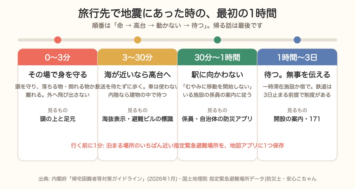 旅行先で地震にあった時の最初の1時間。0〜3分は身を守る、3〜30分は海が近いなら高台へ、30分〜1時間は駅に向かわない、1時間〜3日は待つ