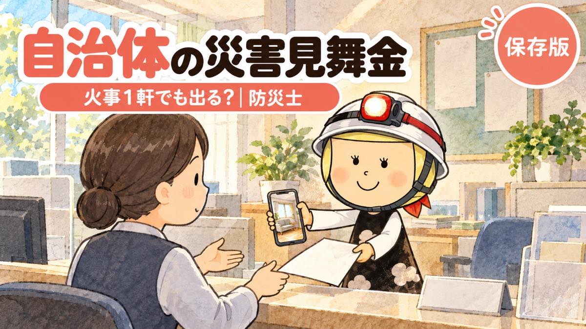市役所の窓口で、被害の写真が写ったスマホと申請の紙を差し出す安心こちゃんと、話を聞く職員