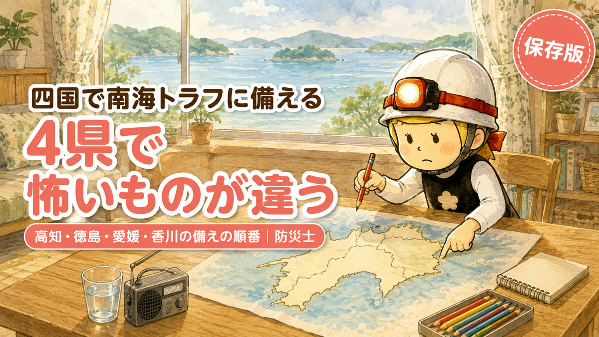 四国で南海トラフに備える|四国の地図をのぞき込む防災士・安心こちゃんの水彩イラスト