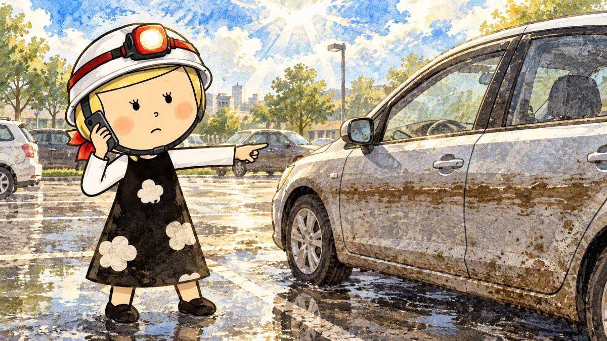 水が引いた駐車場で、泥の線が付いた車から離れて立ち、スマホで保険会社に電話する安心こちゃん