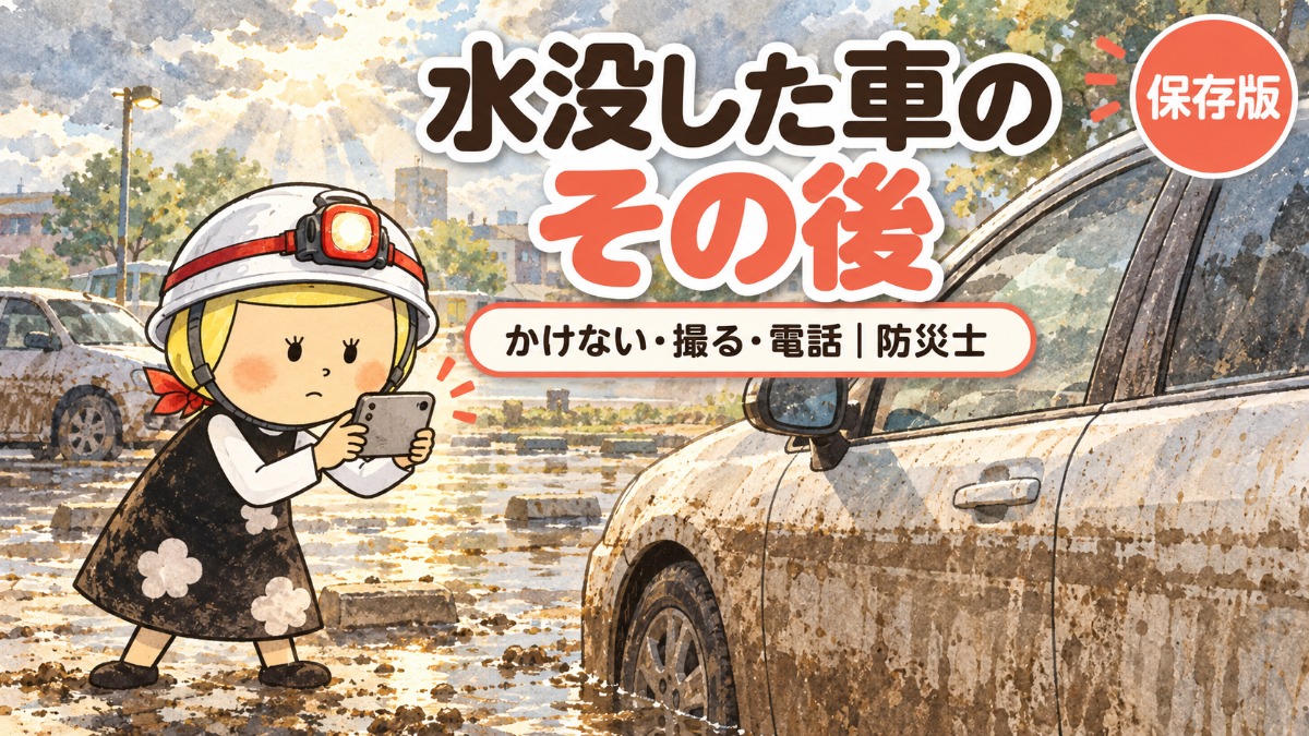 水が引いた翌朝の駐車場で、泥の線が残った車をスマホで撮影する防災士・安心こちゃんのイラスト