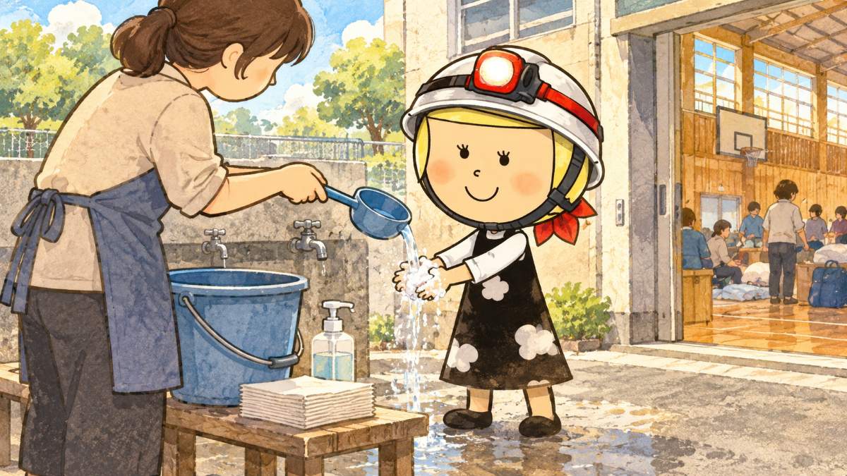 避難所で、汲み置きのバケツから別の人にひしゃくで水を注いでもらって手を洗う安心こちゃん