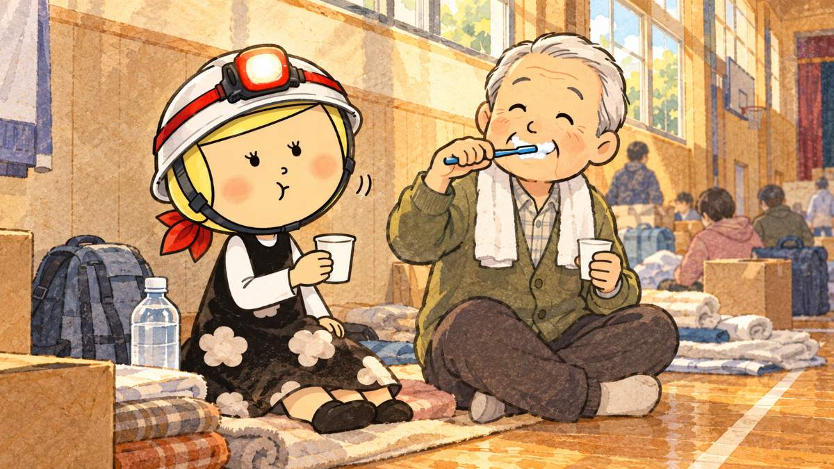 避難所の隅で紙コップの少量の水でぷくぷくうがいをする安心こちゃんと、隣で歯をみがく高齢の人