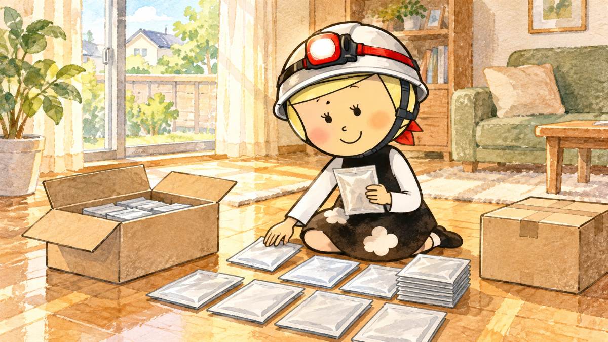 無地の箱を開けて、中の袋を床に並べて数えている安心こちゃん