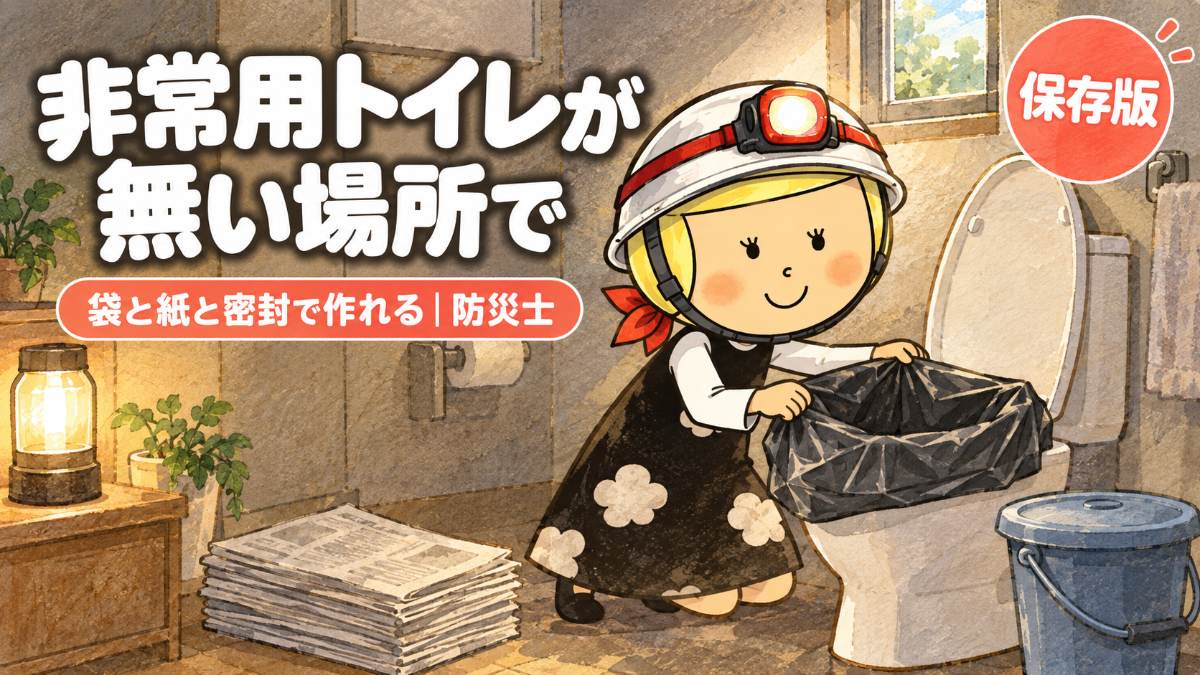 停電した家のトイレで便器に大きなゴミ袋をかぶせる安心こちゃん