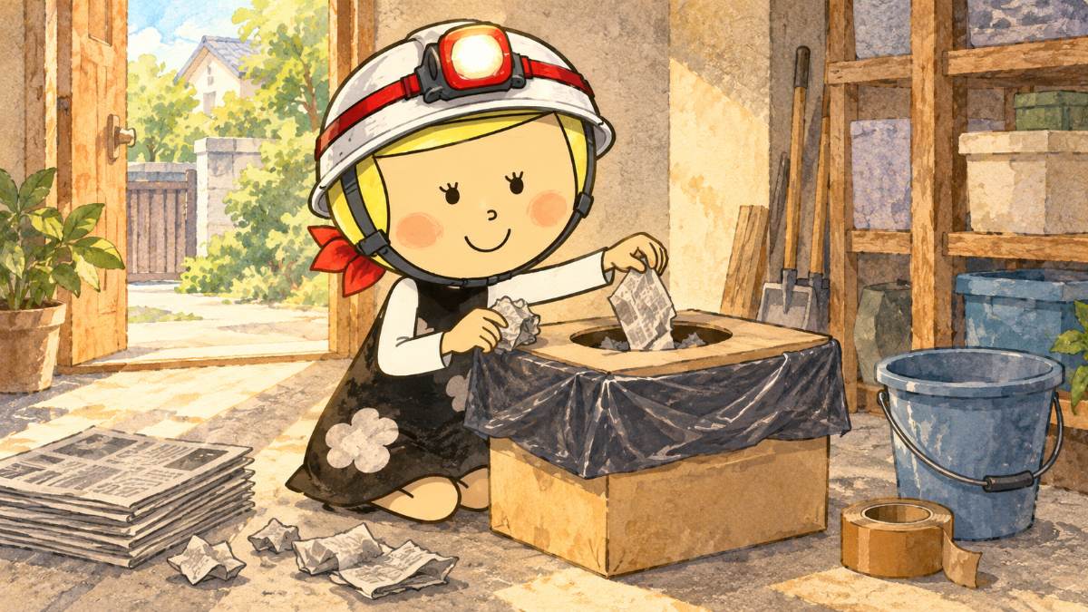 段ボール箱に袋をかけ、新聞紙をちぎって入れて簡易トイレを作る安心こちゃん