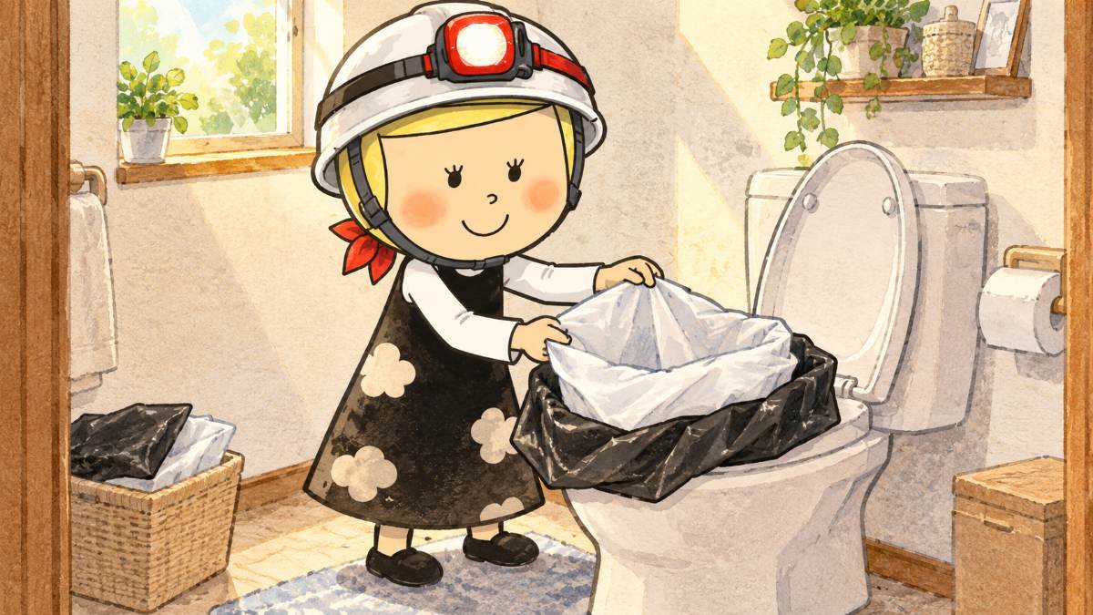 家のトイレで便器に袋をかぶせて非常用トイレをセットしている安心こちゃん