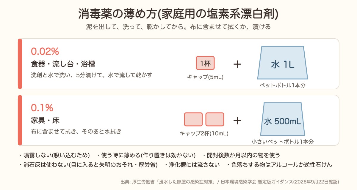家庭用塩素系漂白剤の薄め方。0.02%はキャップ1杯を水1Lに、0.1%はキャップ2杯を水500mLに