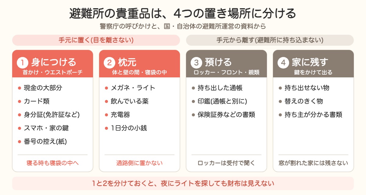 避難所の貴重品の4つの置き場所。身につける(現金の大部分・カード類・身分証・スマホと家の鍵・番号の控え)、枕元(メガネとライト・薬・充電器・1日分の小銭)、預ける(持ち出した通帳・印鑑・書類)、家に残す(持ち出せない物・替えのきく物・持ち主が分かる書類)