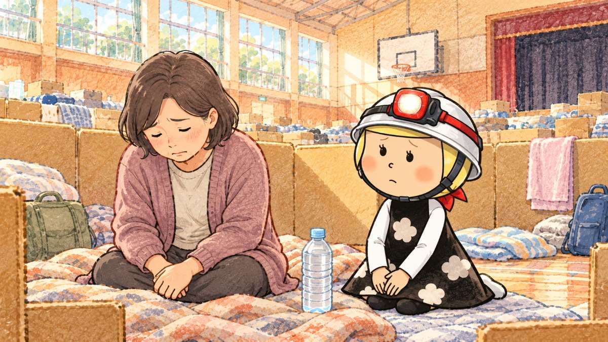 避難所で、水を1本置いて、話しかけずに隣に座っている安心こちゃん