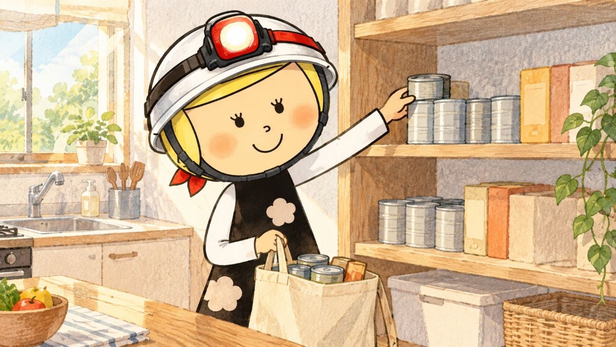 物の少ないキッチンで、買ってきた缶詰を棚の奥に足している安心こちゃん