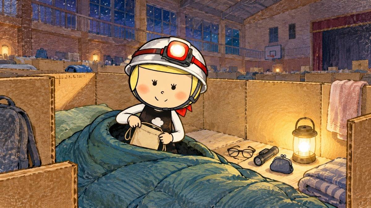夜の避難所で、首かけのポーチを寝袋の中にしまい、メガネとライトを体と壁の間に置く安心こちゃん